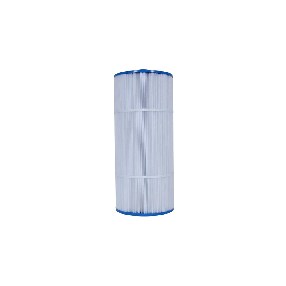 cylindrical white pleated replacement filter cartridge with blue end caps for pool and spa filtration
