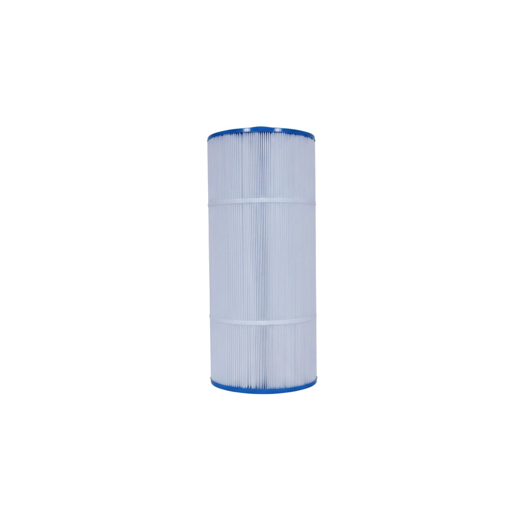 cylindrical white pleated replacement filter cartridge with blue end caps for pool and spa filtration
