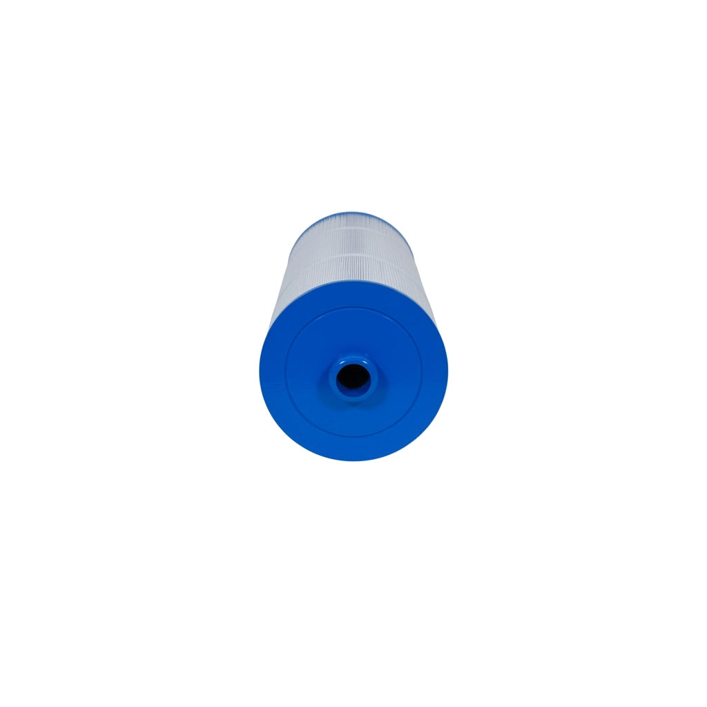 Cylindrical pool and spa filter cartridge with pleated white filtering material and solid blue plastic ends against white background