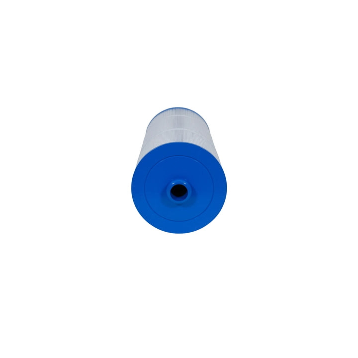 Cylindrical pool and spa filter cartridge with pleated white filtering material and solid blue plastic ends against white background