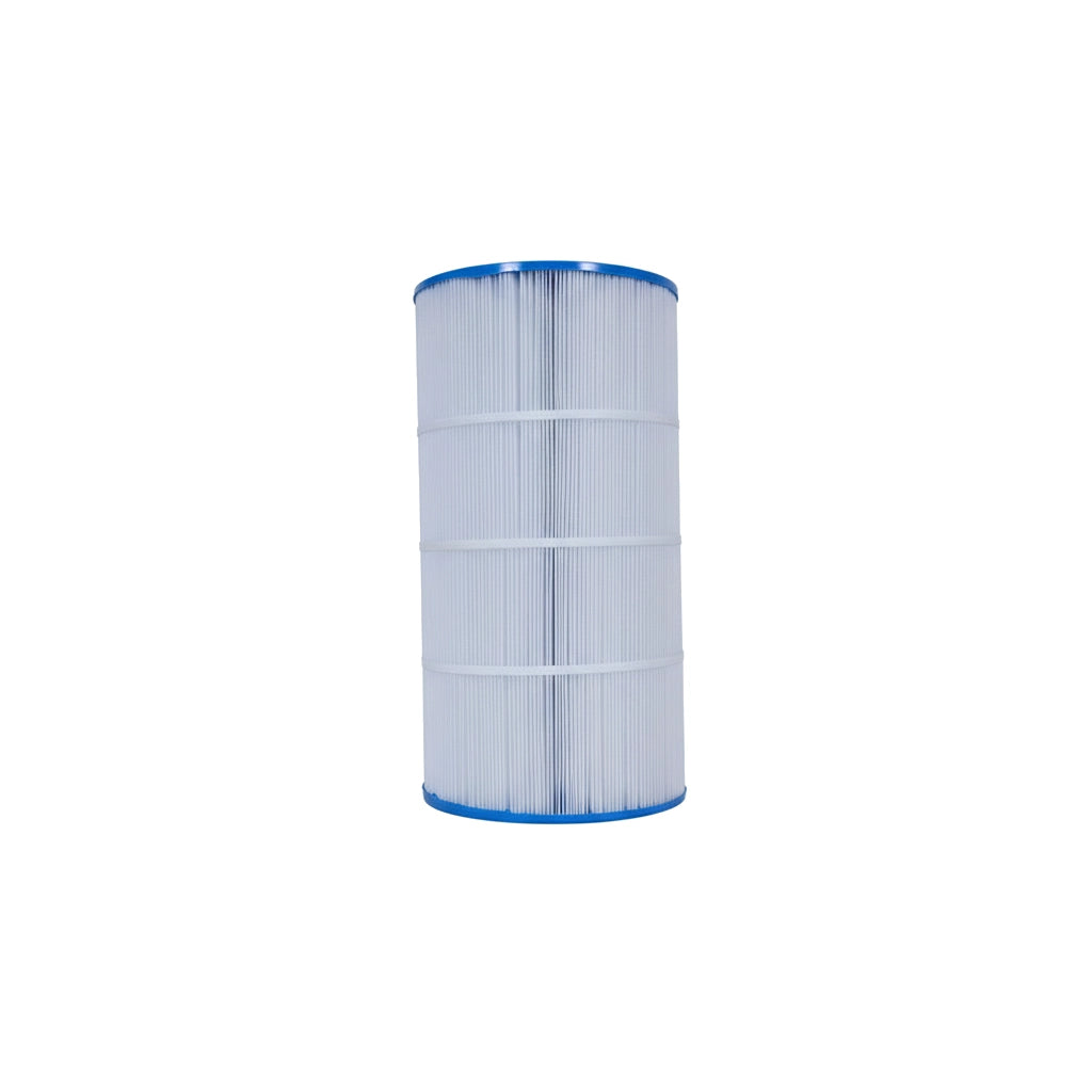 Tall cylindrical pool filter cartridge with white pleated material and blue plastic rims on top and bottom