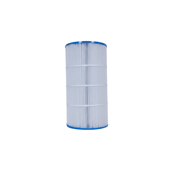Tall cylindrical pool filter cartridge with white pleated material and blue plastic rims on top and bottom