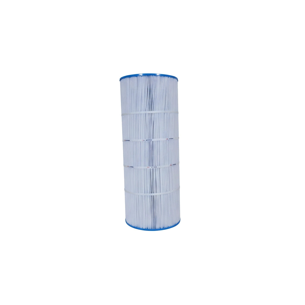 cylindrical pool filter cartridge with pleated white material and blue circular end caps upright on white background