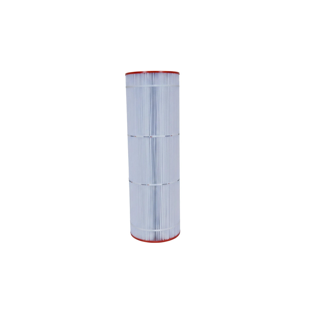 Tall cylindrical white pool filter cartridge with red trim on top and bottom against white background