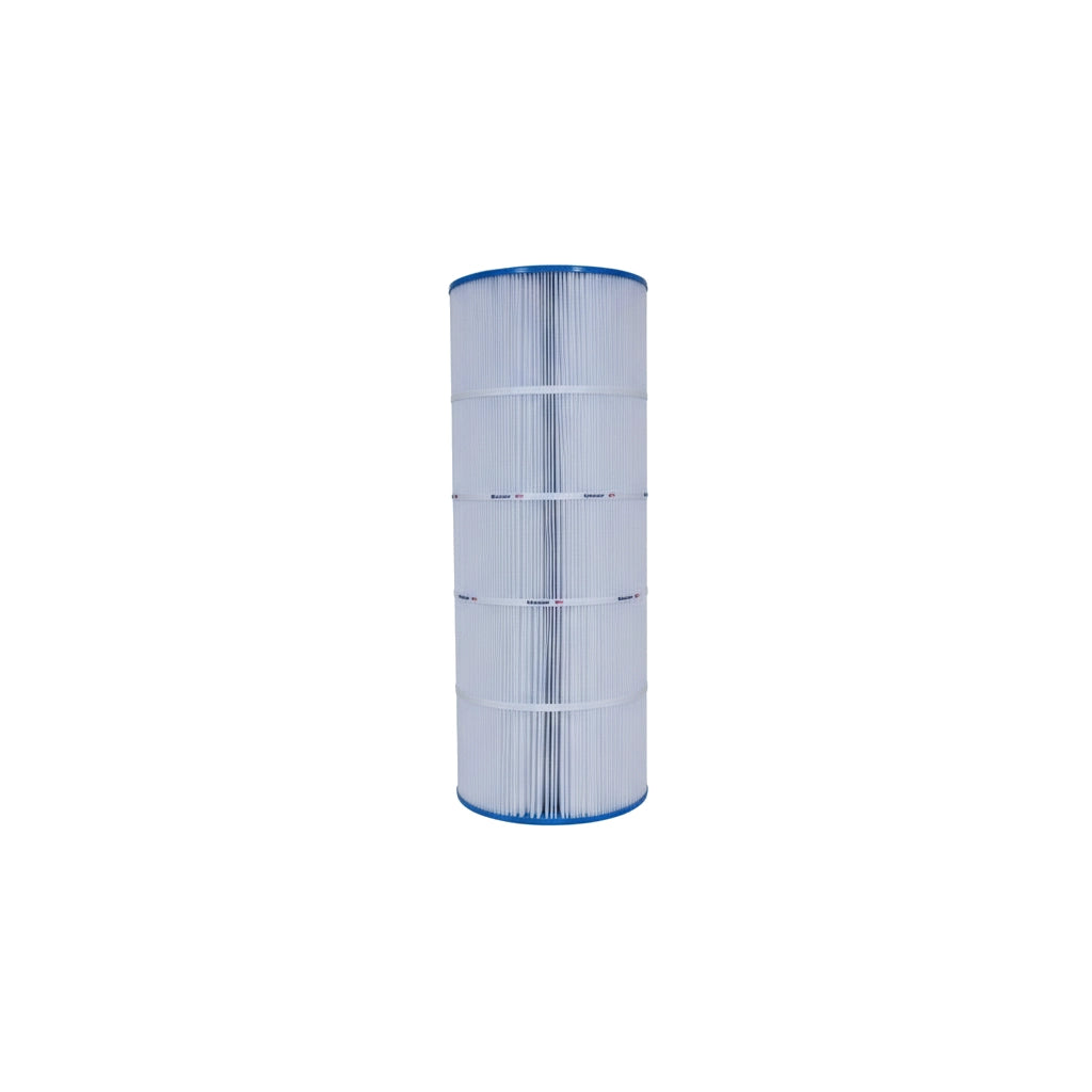 Tall cylindrical pool filter cartridge with white pleated material and blue caps on top and bottom isolated on white