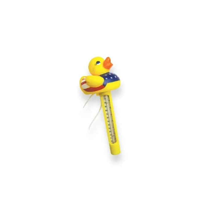 JED Pool Tools USA Duck Thermometer, yellow duck shape with American flag wings, glass tube on yellow stem, attached string.