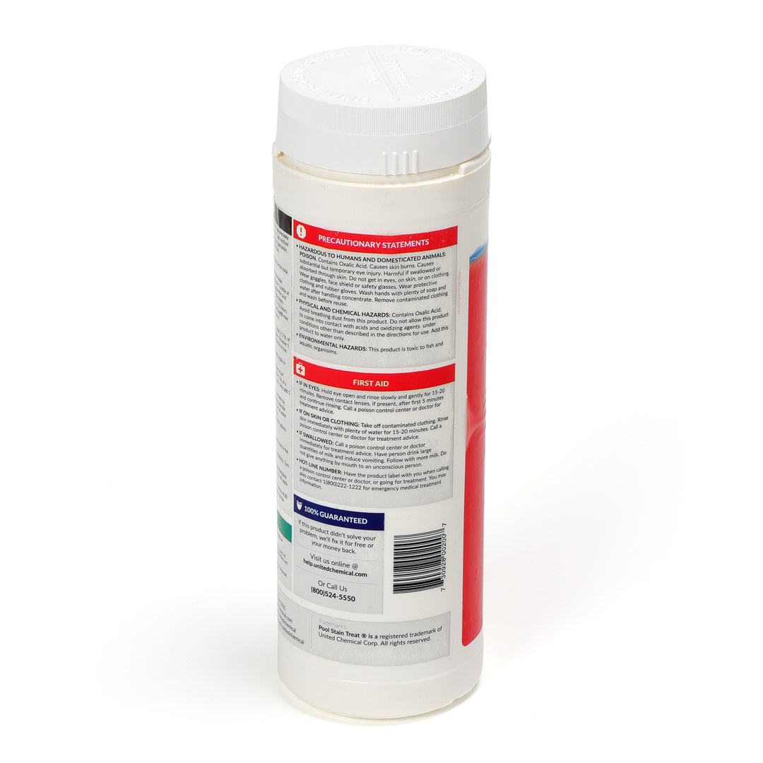 United Chemical Stain Treat 2 lb white plastic bottle with red and blue label showing precautionary statements and first aid instructions