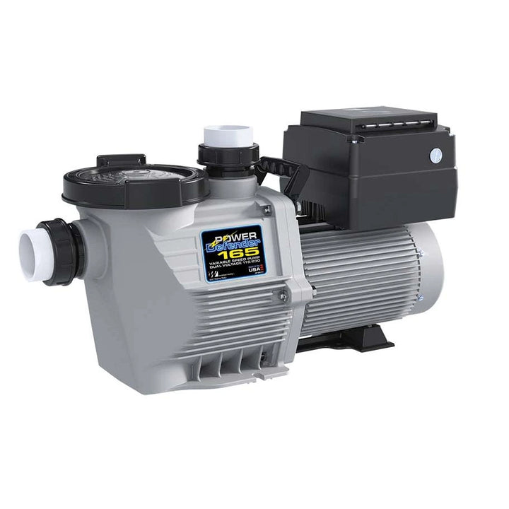 compact variable speed pool pump with gray body and black motor housing featuring label and pipe connectors