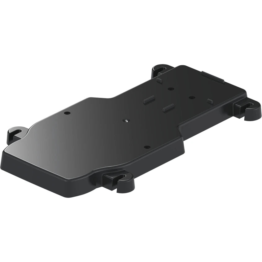 black plastic mounting base plate with multiple mounting points and a slightly raised edge on one side