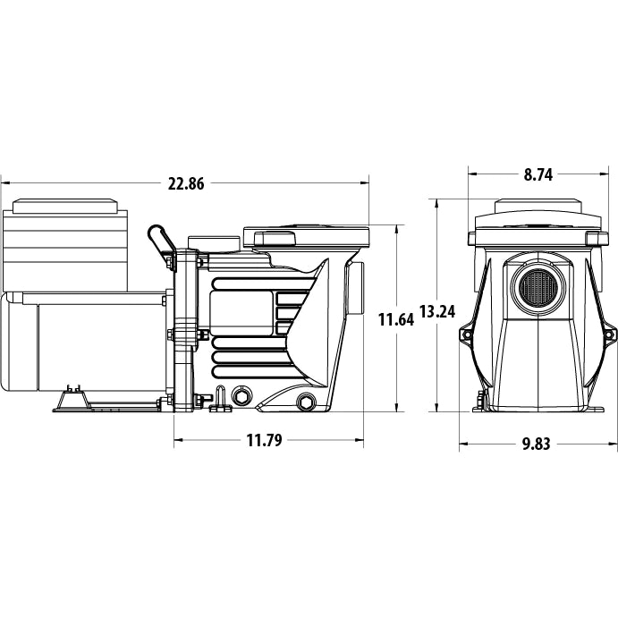 technical line drawing with dimensions of a pool pump showing side and front views with detailed measurements