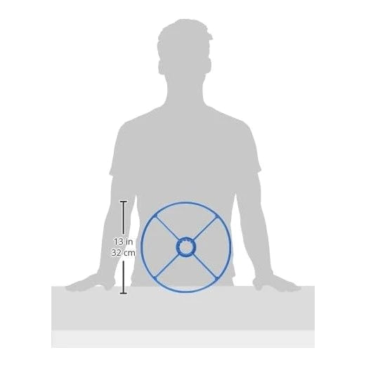 circular turquoise deflector wheel with four spokes and central hub shown next to scale of a person with measurement of 13 inches height