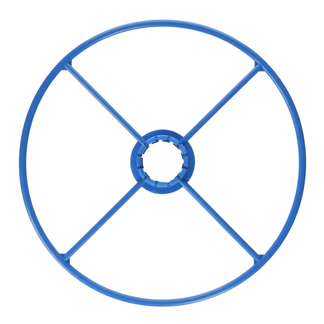 turquoise circular deflector wheel with four spokes and a central ring for attachment