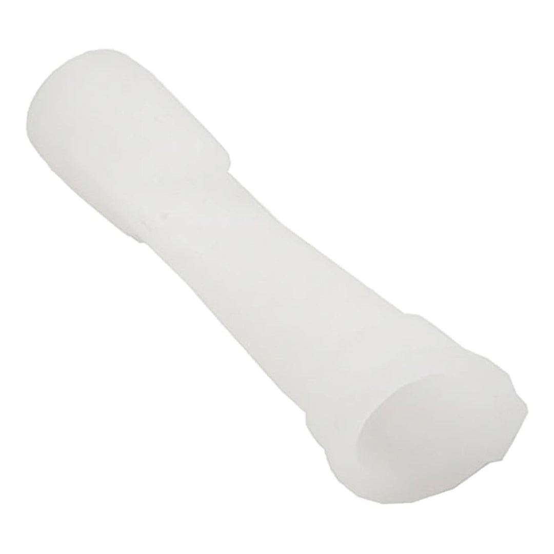 white elongated plastic diaphragm component with hexagonal shaped end and rounded opposite end on plain background