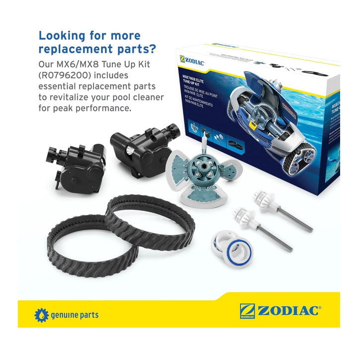 Various replacement parts for Zodiac MX6/MX8 pool cleaner including two black tracks, mechanical components, and a blue and white kit box