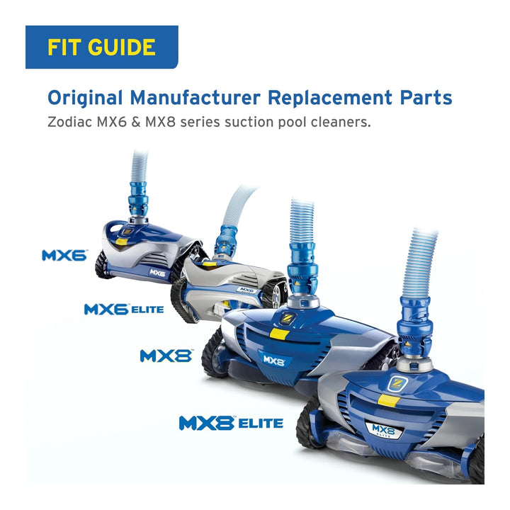 Four blue and gray Zodiac pool cleaner models lined up with attached blue hoses labeled MX6, MX6 Elite, MX8, and MX8 Elite
