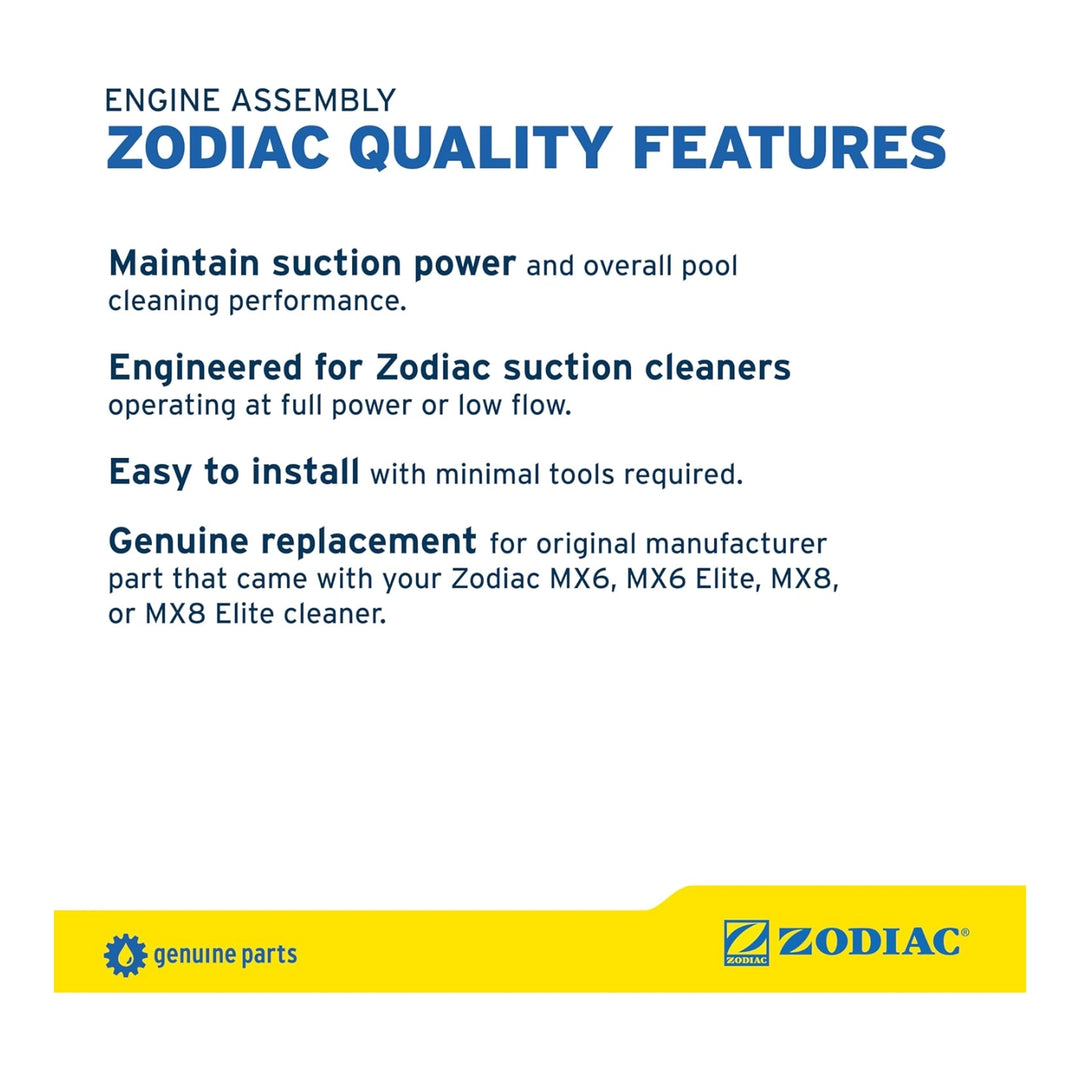 Zodiac quality features for engine assembly with text detailing suction power maintenance and easy installation for pool cleaner parts