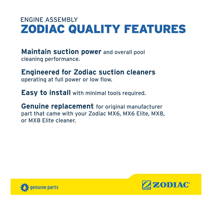 Zodiac quality features for engine assembly with text detailing suction power maintenance and easy installation for pool cleaner parts