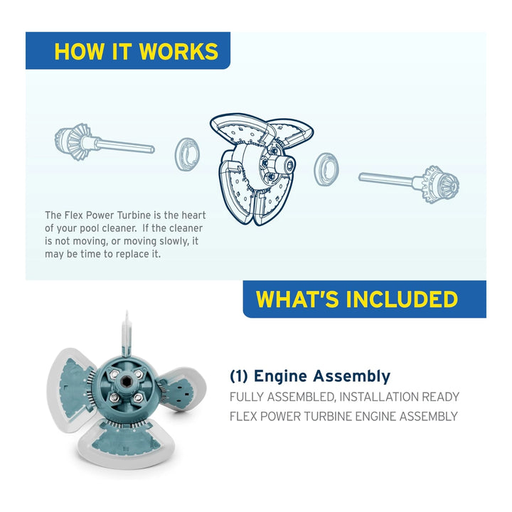 Diagram showing parts of a Flex Power Turbine engine assembly for a pool cleaner with labeled engine assembly component