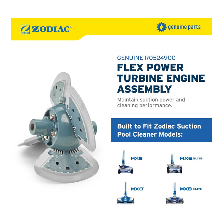 Blue and gray turbine engine assembly for Zodiac pool cleaners with three hinged blades and mounting points