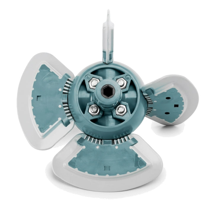 top view of a triple-blade cleaner engine assembly with teal and white plastic components and metal bolts