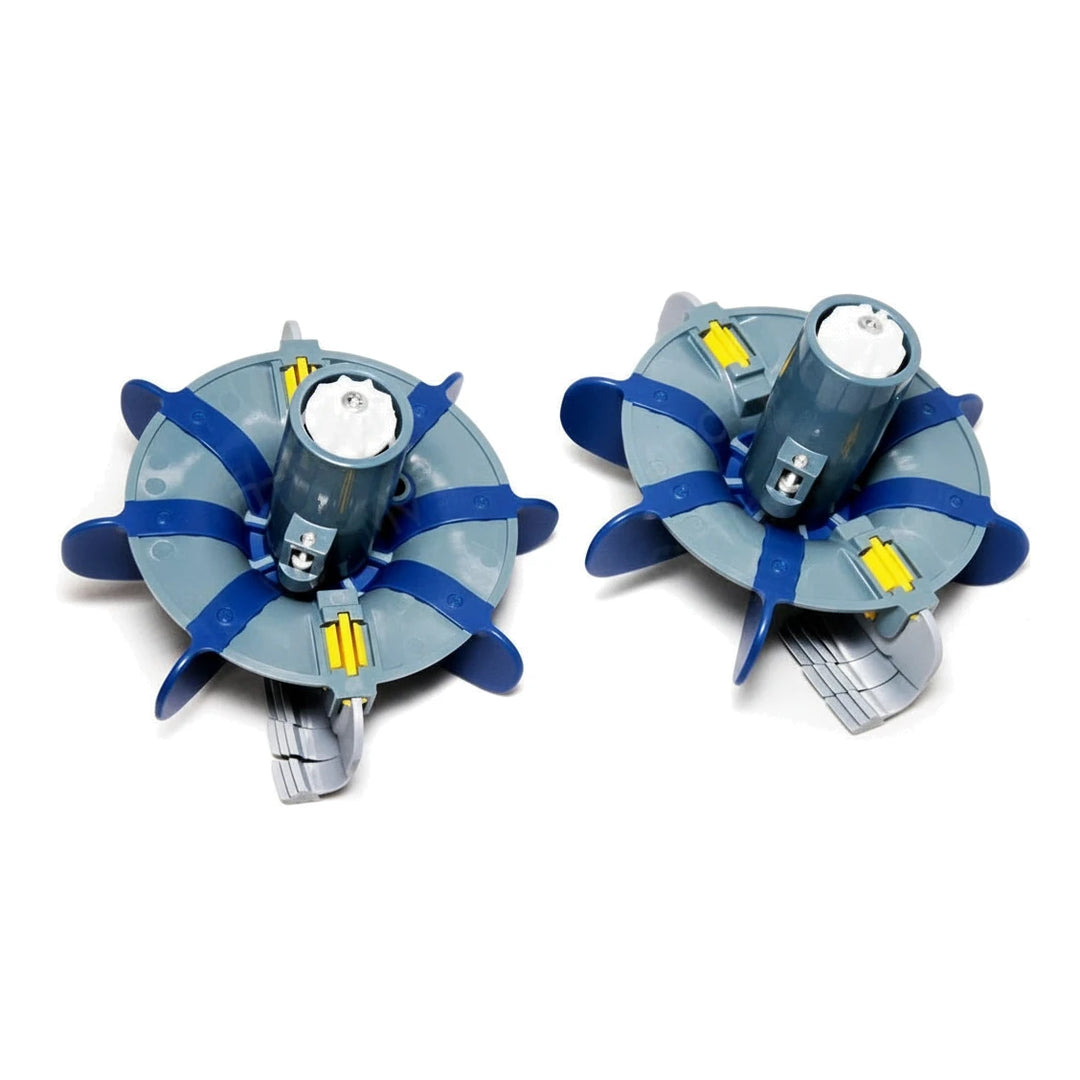 Two cyclonic scrubbing turbine parts with blue and gray plastic construction and yellow small details shown on white background