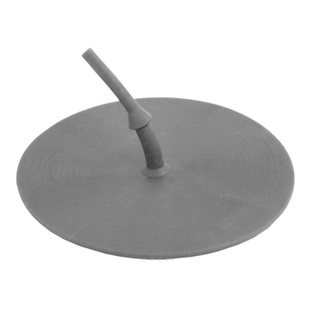 circular gray rubber valve with a slightly bent stem protruding from the center on a white background