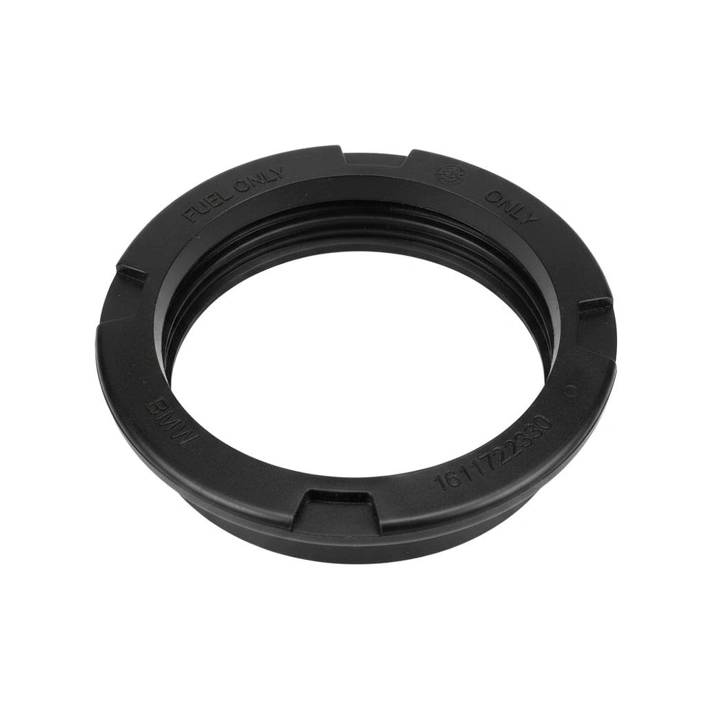 black circular plastic ring with threaded inner surface and engraved text on outer rim with notches