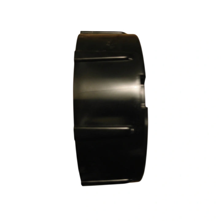 black cylindrical plastic component with ridges, likely a union or buttress part for pool equipment