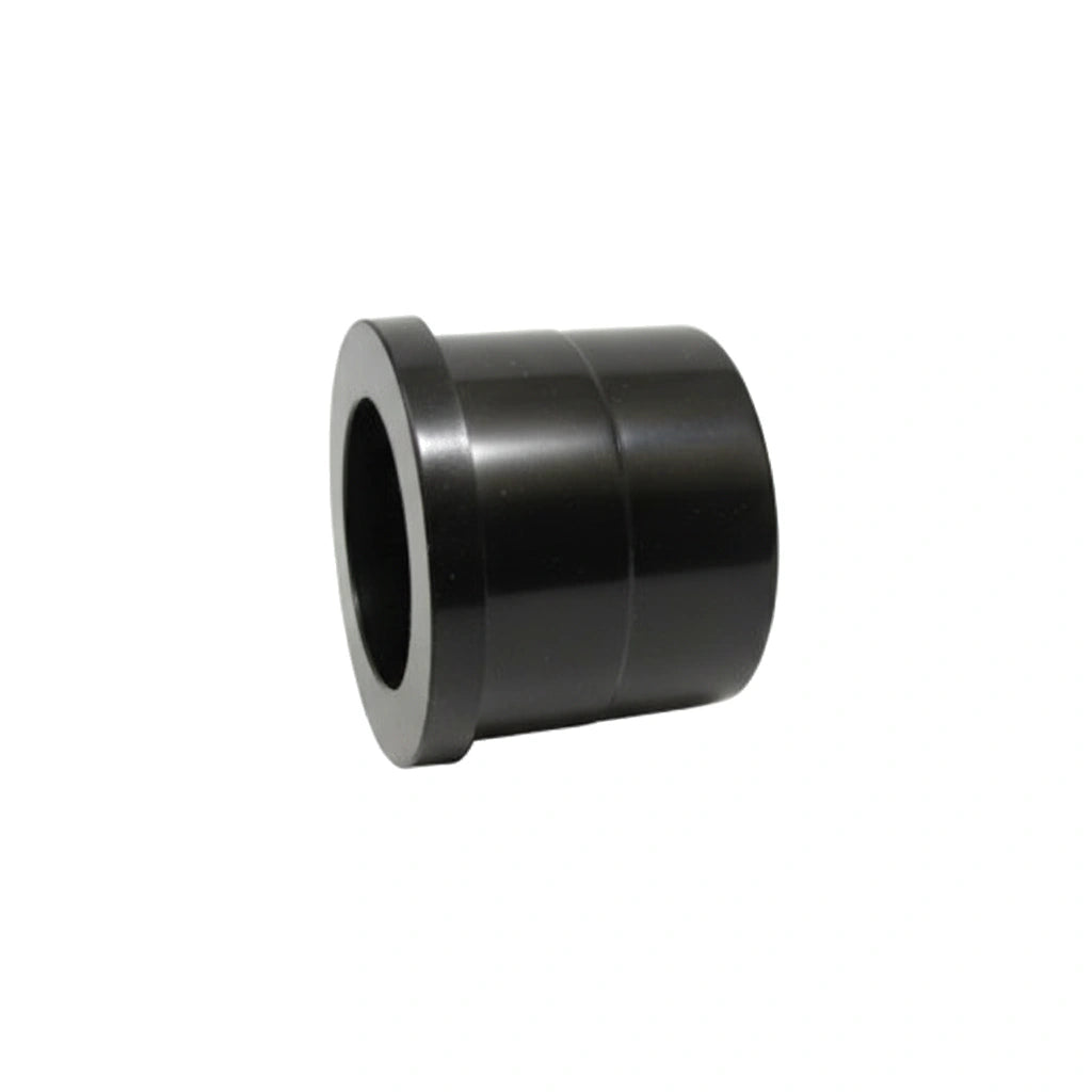 cylindrical black plastic pipe fitting with a flange around one opening shown against a white background