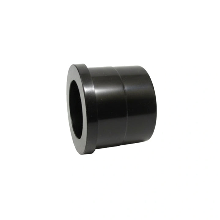cylindrical black plastic pipe fitting with a flange around one opening shown against a white background