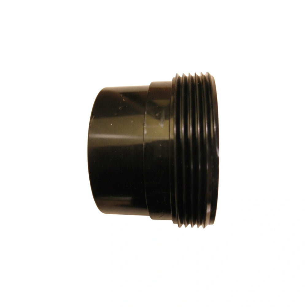 black cylindrical plastic pool part with threaded ridges on one end and a smooth surface on the other