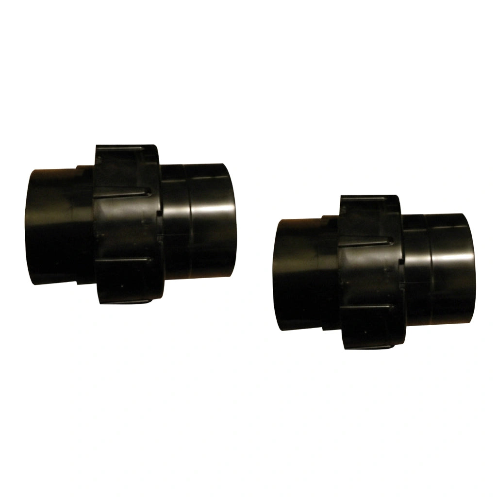 two black cylindrical plastic union and buttress connectors with ridged central sections for grip on a white background