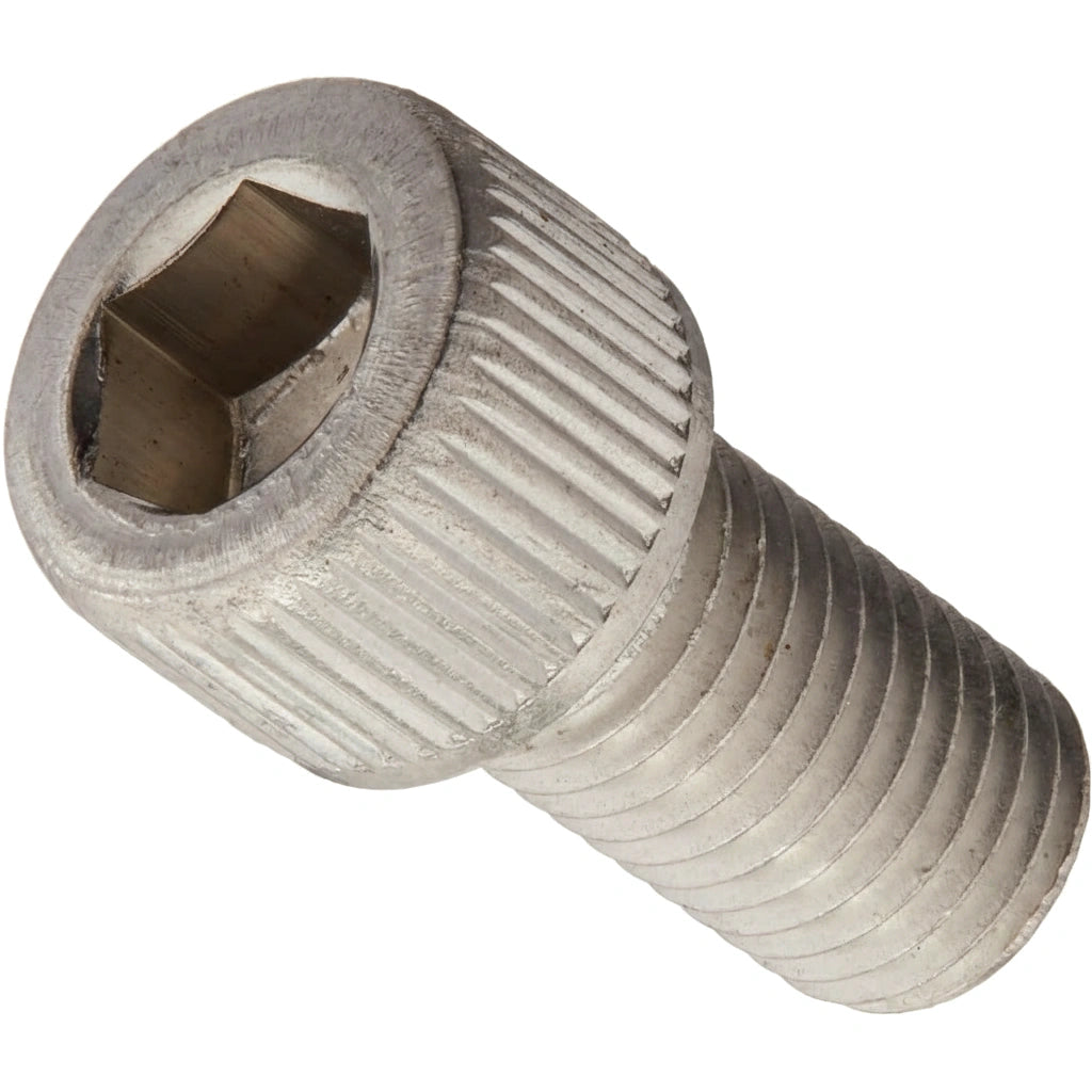 metal adjustment screw with knurled cylindrical head and threaded shaft in close-up view