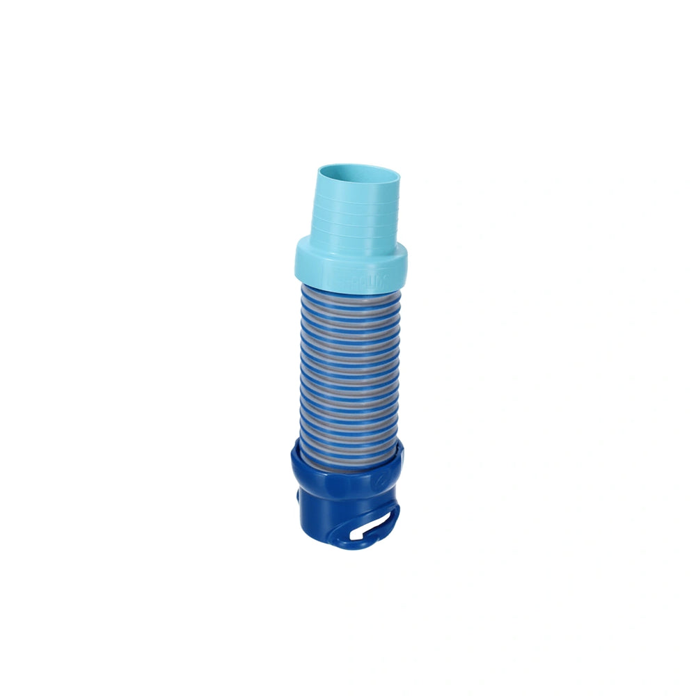 Blue and light blue plastic suction fitting adaptor with corrugated middle section and locking mechanism at the base