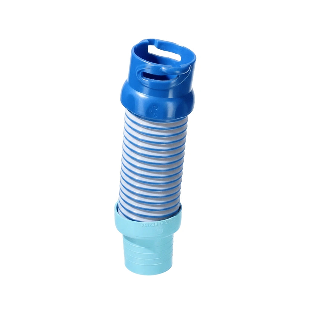 Blue and light blue plastic suction fitting adaptor with a ribbed flexible middle section and slotted top part